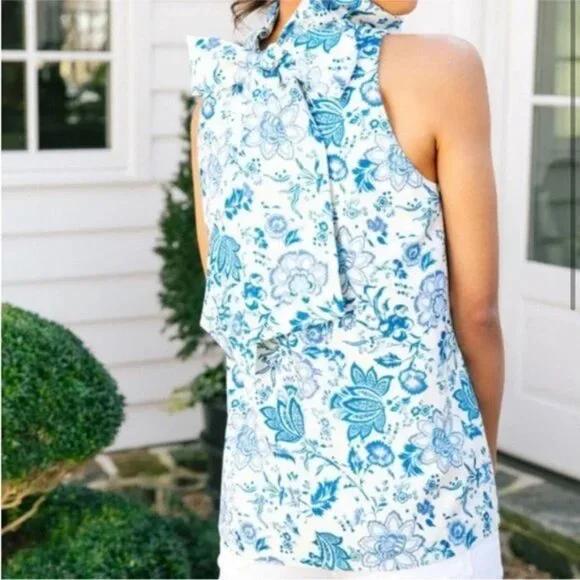 Tuckernuck Mason Blue Floral Chintz High Ruffle Neck Blouse with Tie Back - Picture 3 of 9